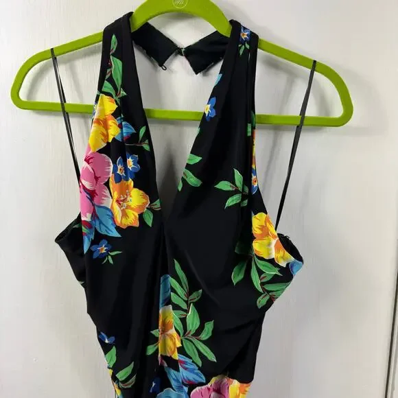 Lauren Ralph Lauren Floral Halter Midi Dress Size 12 – Black Tropical Belted NWT - Picture 3 of 12